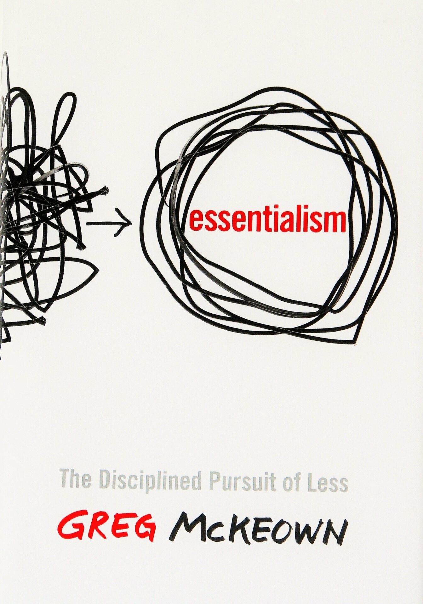 Front cover of the book, "Essentialism", the disciplined pursuit of less written by Greg McKeown.